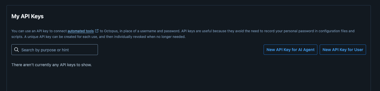 My API Keys page with the New API Key for AI Agent and New API Key for User buttons