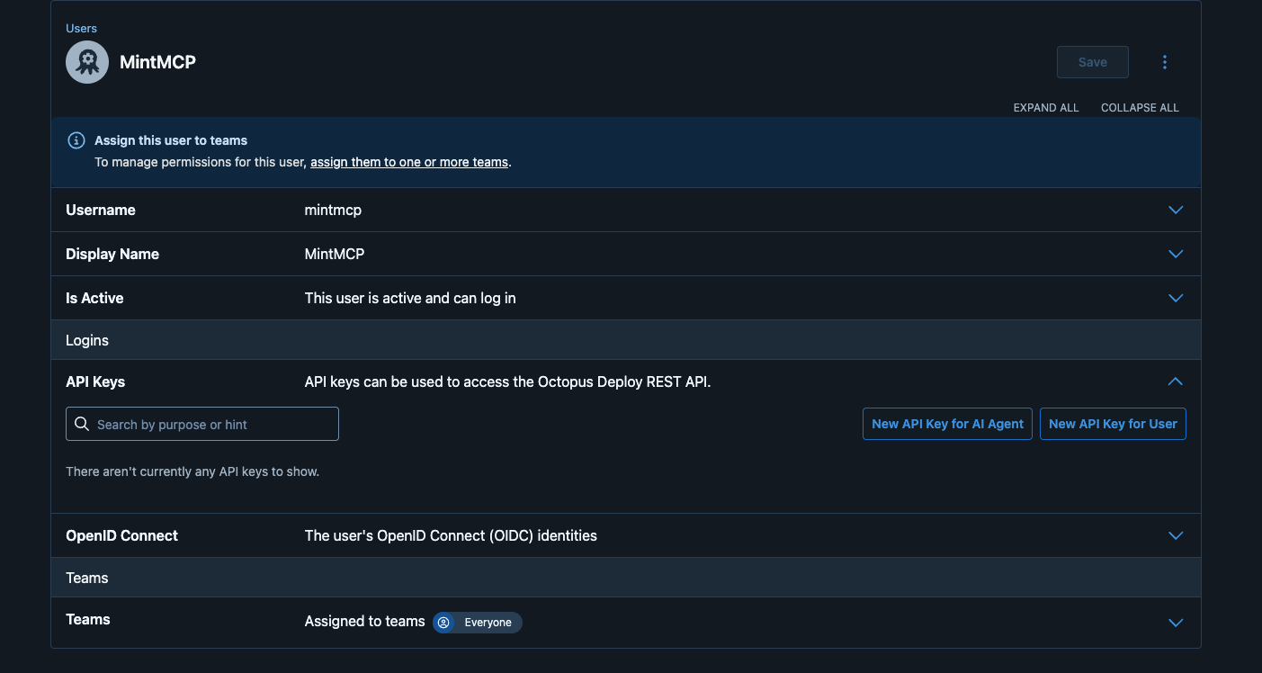 Service account page with the API Keys section expanded and the New API Key for AI Agent button