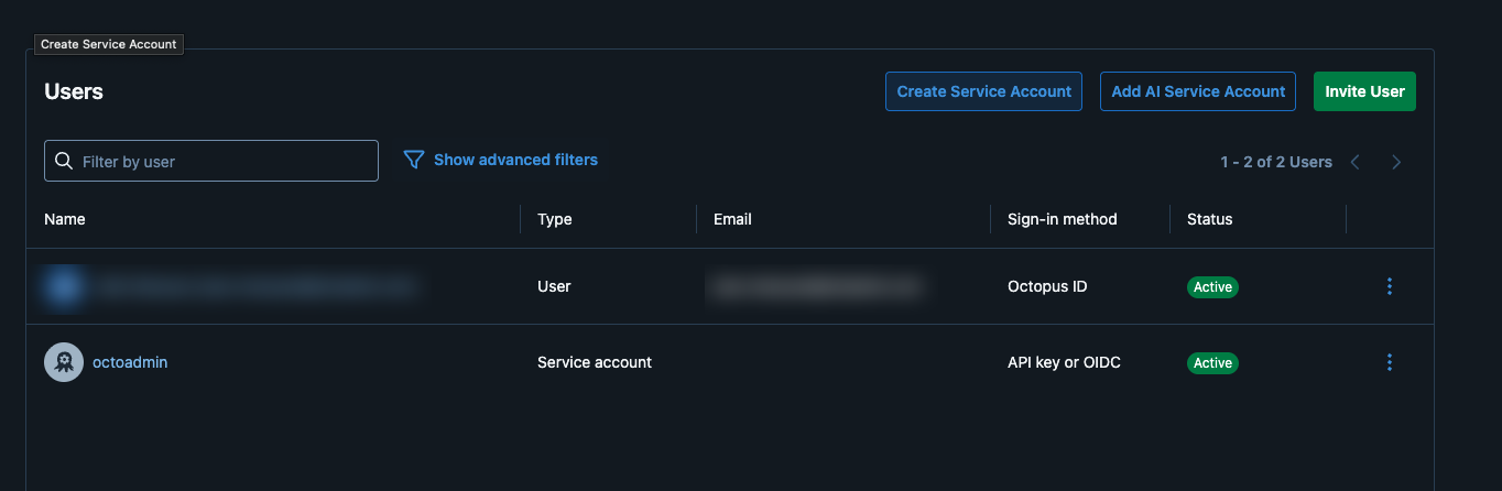 Users page with the Create Service Account, Add AI Service Account, and Invite User buttons